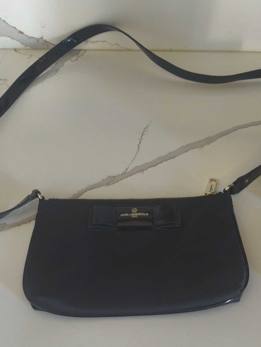 Karl Lagerfeld Navy Patent Crossbody Bag with Bow Accent